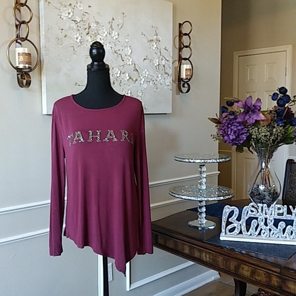 Burgundy Asymmetrical Long Sleeves Embellished Top By Tahari. Size L - Picture 12 of 17